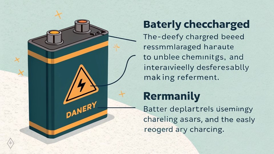 A warning symbol over a cracked and swollen lithium-ion battery.