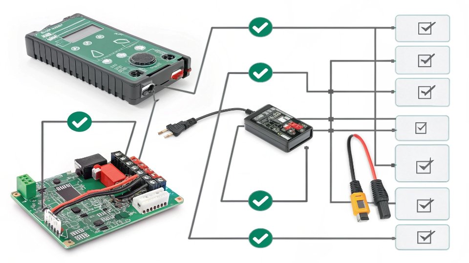 A troubleshooting flowchart showing checks for the charger, connectors, and protection circuit.